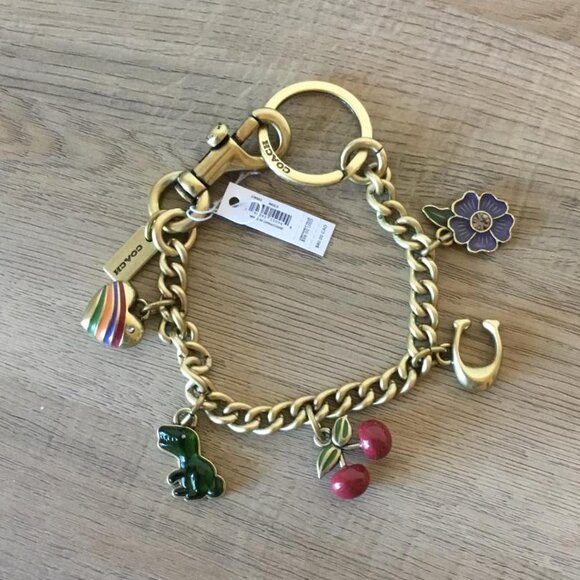Coach Gold Swagger Heavy Chain w/ Charms Heart Dino Cherries Flower Coach C NWT - Picture 2 of 4